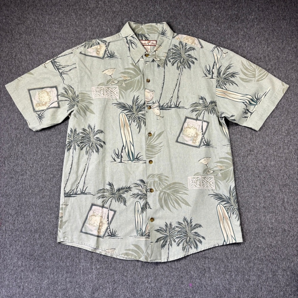 Paradise Blue Mens Silk Blend Martini Hawaiian Shirt Green‎ Tropical Palm Tree L